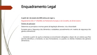 Enquadramento Legal
A partir de 1 de Janeiro de 2005 entrou em vigor o,
Regulamento (CE) n.º 178/2002, do Parlamento Europeu e do Conselho, de 28 de Janeiro
Âmbito de aplicação:
Determina os princípios e normas gerais da legislação alimentar, cria a Autoridade
Europeia para a Segurança dos Alimentos e estabelece procedimentos em matéria de segurança dos
géneros alimentícios.
… momento a partir do qual as empresas se encontraram obrigadas a dispor de um sistema que lhes
permita identificar, a montante, os seus fornecedores, e a jusante, os clientes imediatos dos géneros
alimentícios.
 
