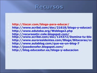 http://tiscar.com/blogs-para-educar/ http://www.scribd.com/doc/21618/blogs-y-educacion http://www.eduteka.org/Weblogs2.php http://recursostic-cole.blogspot.com/ http://www.scribd.com/doc/124372/Domina-tu-blog http://www.euroresidentes.com/Blogs/Bitacoras/como_hacer_blog.htm http://www.aulablog.com/que-es-un-blog-7 http://joaodenofer.blogspot.com/ http://blog.educastur.es/blogs-y-educacion 