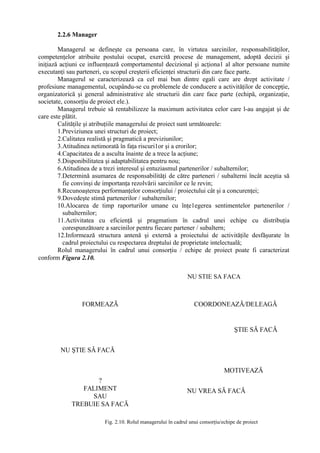 2.2.6 Manager
Managerul se defineşte ca persoana care, în virtutea sarcinilor, responsabilităţilor,
competenţelor atribuite postului ocupat, exercită procese de management, adoptă decizii şi
iniţiază acţiuni ce influenţează comportamentul decizional şi acţiona1 al altor persoane numite
executanţi sau parteneri, cu scopul creşterii eficienţei structurii din care face parte.
Managerul se caracterizează ca cel mai bun dintre egali care are drept activitate /
profesiune managementul, ocupându-se cu problemele de conducere a activităţilor de concepţie,
organizatorică şi general administrative ale structurii din care face parte (echipă, organizaţie,
societate, consorţiu de proiect ele.).
Managerul trebuie să rentabilizeze la maximum activitatea celor care l-au angajat şi de
care este plătit.
Calităţile şi atribuţiile managerului de proiect sunt următoarele:
1.Previziunea unei structuri de proiect;
2.Calitatea realistă şi pragmatică a previziunilor;
3.Atitudinea netimorată în faţa riscuri1or şi a erorilor;
4.Capacitatea de a asculta înainte de a trece la acţiune;
5.Disponibilitatea şi adaptabilitatea pentru nou;
6.Atitudinea de a trezi interesul şi entuziasmul partenerilor / subalternilor;
7.Determină asumarea de responsabilităţi de către parteneri / subalterni încât aceştia să
fie convinşi de importanţa rezolvării sarcinilor ce le revin;
8.Recunoaşterea performanţelor consorţiului / proiectului cât şi a concurenţei;
9.Dovedeşte stimă partenerilor / subalternilor;
10.Alocarea de timp raporturilor umane cu înţe1egerea sentimentelor partenerilor /
subalternilor;
11.Activitatea cu eficienţă şi pragmatism în cadrul unei echipe cu distribuţia
corespunzătoare a sarcinilor pentru fiecare partener / subaltern;
12.Informează structura antenă şi externă a proiectului de activităţile desfăşurate în
cadrul proiectului cu respectarea dreptului de proprietate intelectuală;
Rolul managerului în cadrul unui consorţiu / echipe de proiect poate fi caracterizat
conform Figura 2.10.
COORDONEAZĂ/DELEAGĂ
ŞTIE SĂ FACĂ
FORMEAZÃ
NU ŞTIE SĂ FACĂ
?
FALIMENT
SAU
TREBUIE SA FACĂ
MOTIVEAZĂ
NU VREA SĂ FACĂ
Fig. 2.10. Rolul managerului în cadrul unui consorţiu/echipe de proiect
NU STIE SA FACA
 