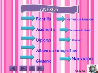30 de 30 ANEXOS Plantilla Asistente Diploma Álbum de fotografías Glosario Formas de Guardar Elementos de diseño Canción Narración 