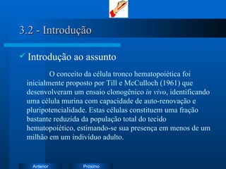3.2 - Introdução Introdução ao assunto O conceito da célula tronco hematopoiética foi inicialmente proposto por Till e McCulloch (1961) que desenvolveram um ensaio clonogênico  in vivo , identificando uma célula murina com capacidade de auto-renovação e pluripotencialidade. Estas células constituem uma fração bastante reduzida da população total do tecido hematopoiético, estimando-se sua presença em menos de um milhão em um indivíduo adulto.  