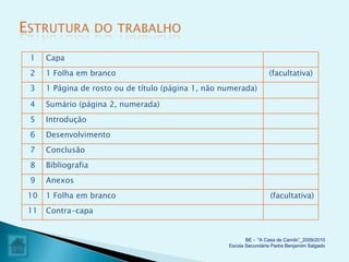 1    Capa
2    1 Folha em branco                                              (facultativa)
3    1 Página de rosto ou de título (página 1, não numerada)

4    Sumário (página 2, numerada)
5    Introdução
6    Desenvolvimento
7    Conclusão
8    Bibliografia
9    Anexos
10   1 Folha em branco                                               (facultativa)
11   Contra-capa


                                                           BE - "A Casa de Camilo”_2009/2010
                                                    Escola Secundária Padre Benjamim Salgado
 