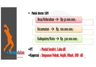• Pusat Inkubasi Bisnis Usaha Kecil-Pinbuk
12 12
§ Modal disetor LKM
§PT : ModalSendiri, Labadll
§Koperasi : Simpanan Pokok, Wajib,Hibah, SHU dll.
Desa/Kelurahan à Rp 50.000.000,-
Kecamatan à Rp. 100.000.000,-
Kabupaten/Kotaà Rp.500.000.000,-
•Permodalan
 