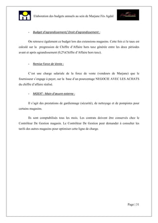 Page | 31
Elaboration des budgets annuels au sein de Marjane Fès Agdal
- Budget d’agrandissement/ Droit d’agrandissement :
On retrouve également ce budget lors des extensions magasins. Cette fois ci le taux est
calculé sur la progression de Chiffre d’Affaire hors taxe générée entre les deux périodes
avant et après agrandissement (0,2%Chiffre d’Affaire hors taxe).
- Remise Force de Vente :
C’est une charge salariale de la force de vente (vendeurs de Marjane) que le
fournisseur s’engage à payer, sur la base d’un pourcentage NEGOCIE AVEC LES ACHATS
du chiffre d’affaire réalisé.
- MOEXT : Main d’œuvre externe :
Il s’agit des prestations de gardiennage (sécurité), de nettoyage et de pompistes pour
certains magasins.
Ils sont comptabilisés tous les mois. Les contrats doivent être conservés chez le
Contrôleur De Gestion magasin. Le Contrôleur De Gestion peut demander à consulter les
tarifs des autres magasins pour optimiser cette ligne de charge.
 
