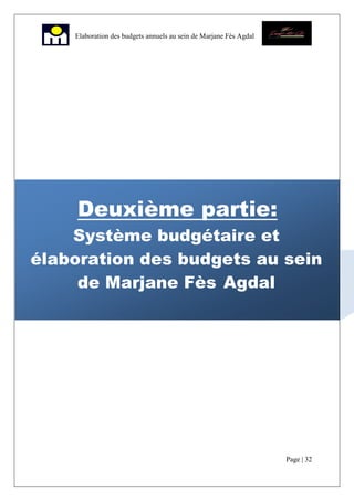 Page | 32
Elaboration des budgets annuels au sein de Marjane Fès Agdal
Deuxième partie:
Système budgétaire et
élaboration des budgets au sein
de Marjane Fès Agdal
 