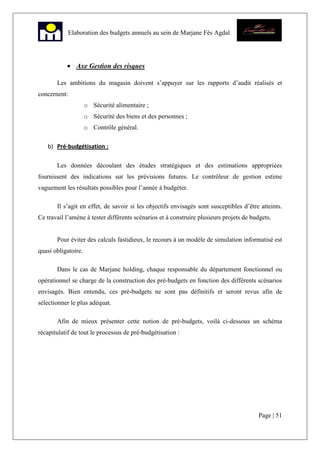 Page | 51
Elaboration des budgets annuels au sein de Marjane Fès Agdal
• Axe Gestion des risques
Les ambitions du magasin doivent s’appuyer sur les rapports d’audit réalisés et
concernent:
o Sécurité alimentaire ;
o Sécurité des biens et des personnes ;
o Contrôle général.
b) Pré-budgétisation :
Les données découlant des études stratégiques et des estimations appropriées
fournissent des indications sur les prévisions futures. Le contrôleur de gestion estime
vaguement les résultats possibles pour l’année à budgéter.
Il s’agit en effet, de savoir si les objectifs envisagés sont susceptibles d’être atteints.
Ce travail l’amène à tester différents scénarios et à construire plusieurs projets de budgets.
Pour éviter des calculs fastidieux, le recours à un modèle de simulation informatisé est
quasi obligatoire.
Dans le cas de Marjane holding, chaque responsable du département fonctionnel ou
opérationnel se charge de la construction des pré-budgets en fonction des différents scénarios
envisagés. Bien entendu, ces pré-budgets ne sont pas définitifs et seront revus afin de
sélectionner le plus adéquat.
Afin de mieux présenter cette notion de pré-budgets, voilà ci-dessous un schéma
récapitulatif de tout le processus de pré-budgétisation :
 