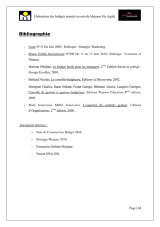 Page | 68
Elaboration des budgets annuels au sein de Marjane Fès Agdal
Bibliographie
- Essor N°33 De Juin 2009 / Rubrique : Stratégie, Marketing.
- Maroc Hebdo International N°890 Du 11 au 17 Juin 2010 / Rubrique : Economie et
Finance.
- Honorat Philippe, Le budget facile pour les managers, 2ème
Edition Revue et corrigé :
Groupe Eyrolles, 2009.
- Berland Nicolas, Le contrôle budgétaire, Editions la Découverte, 2002.
- Horngren Charles, Datar Srikant, Foster George, Bhimani Alnoor, Langlois Georges,
Contrôle de gestion et gestion budgétaire, Editions Pearson Education 4ème
édition,
2009.
- Malo Jean-Louis, Mathé Jean-Louis, L’essentiel du contrôle gestion, Editions
d’Organisations, 2ème
édition, 2000.
Documents Internes :
- Note de Construction Budget 2010.
- Stratégie Marjane 2010.
- Formation Globale Marjane.
- Fusion ONA-SNI.
 