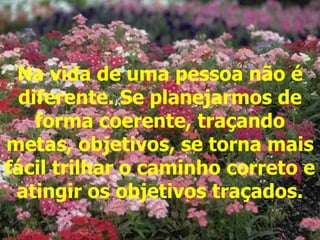 Na vida de uma pessoa não é diferente. Se planejarmos de forma coerente, traçando metas, objetivos, se torna mais fácil trilhar o caminho correto e atingir os objetivos traçados. 