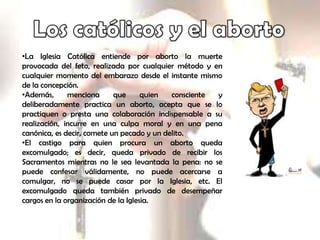 Los católicos y el abortoLa Iglesia Católica entiende por aborto la muerte provocada del feto, realizada por cualquier método y en cualquier momento del embarazo desde el instante mismo de la concepción. 