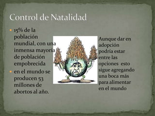 15% de la población mundial, con una inmensa mayoría de población empobrecidaen el mundo se producen 53 millones de abortos al año.Control de NatalidadAunque dar en adopción  podría estar entre las opciones  esto sigue agregando una boca más para alimentar en el mundo
