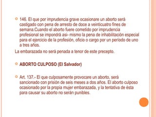  146. El que por imprudencia grave ocasionare un aborto será
  castigado con pena de arresto de doce a veinticuatro fines de
  semana.Cuando el aborto fuere cometido por imprudencia
  profesional se impondrá asi­ mismo la pena de inhabilitación especial
  para el ejercicio de la profesión, oficio o cargo por un período de uno
  a tres años.
La embarazada no será penada a tenor de este precepto.

   ABORTO CULPOSO (El Salvador)

   Art. 137.­ El que culposamente provocare un aborto, será
    sancionado con prisión de seis meses a dos años. El aborto culposo
    ocasionado por la propia mujer embarazada, y la tentativa de ésta
    para causar su aborto no serán punibles.
 