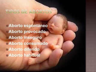 Aborto espontáneo
Aborto provocado
Aborto inseguro
Aborto consumado
Aborto diferido
Aborto habitual
 