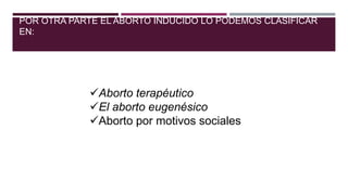 POR OTRA PARTE EL ABORTO INDUCIDO LO PODEMOS CLASIFICAR
EN:
Aborto terapéutico
El aborto eugenésico
Aborto por motivos sociales
 