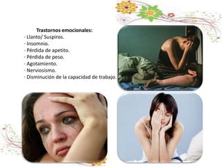Trastornos emocionales:
· Llanto/ Suspiros.
· Insomnio.
· Pérdida de apetito.
· Pérdida de peso.
· Agotamiento.
· Nerviosismo.
· Disminución de la capacidad de trabajo.
 