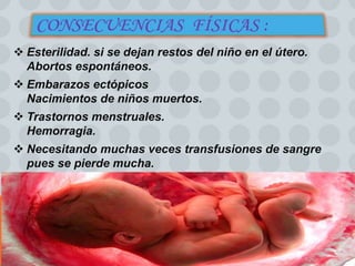  Esterilidad. si se dejan restos del niño en el útero. 
Abortos espontáneos. 
 Embarazos ectópicos 
Nacimientos de niños muertos. 
 Trastornos menstruales. 
Hemorragia. 
 Necesitando muchas veces transfusiones de sangre 
pues se pierde mucha. 
 