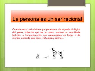 La persona es un ser racional
Cuando veo a un individuo que pertenece a la especie biológica
del perro, entiendo que es un perro; aunque no manifieste
todavía, o temporalmente, sus capacidades de ladrar o de
morder, entiendo que tiene «naturaleza canina».
 