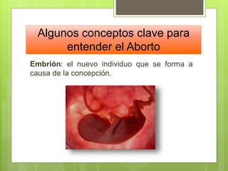 Algunos conceptos clave para
entender el Aborto
Embrión: el nuevo individuo que se forma a
causa de la concepción.
 