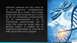 Asimismo, sabemos que este nuevo ser
es un organismo ontológicamente
diferenciado de su madre y de su padre,
puesto que está compuesto por la unión
de los 23 cromosomas proporcionados
por el espermatozoide y los 23
cromosomas proporcionados por el
óvulo. Este nuevo ser posee, pues, un
genoma propio, al tratarse de un
organismo programado en virtud de su
ADN, que lo hace único y singular.
PÁGINA 9
 