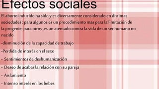 Efectos sociales
El abortoinducidoha sidoy es diversamente consideradoen distintas
sociedades: para algunoses unprocedimientomas para la limitaciónde
la progenie; paraotros ,es un atentadocontra la vida de unser humano no
nacido
-disminuciónde la capacidadde trabajo
-Perdida de interés en el sexo
- Sentimientosde deshumanización
- Deseo de acabarla relacióncon su pareja
- Aislamiento
- Intenso interés en los bebes
 