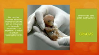 Por muchas 
razones antes de 
intentar un aborto 
por un embarazo 
no deseado, 
sorpresivo o no 
esperado, lo mejor 
es actuar 
responsablemente. 
Porque vida sana 
están destruyendo. 
GRACIAS 
 