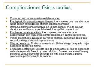 Complicaciones físicas tardías. Criaturas que nacen muertas o defectuosas. Predisposición a abortos espontáneos.  Las mujeres que han abortado luego corren el riesgos de abortar espontáneamente. Dolencia inflamatoria del pelvis.  Es la más común. Puede causar abortos espontáneos, esterilidad o dolores pélvicos crónicos. Problemas para la gravidez.  Las mujeres que han abortado experimentan con frecuencia complicaciones en partos posteriores.  Partos prematuros.  Después de varios abortos, aumentan dos o tres veces los riesgos de partos prematuros. Cáncer de mama.  El aborto aumenta un 30% el riesgo de que la mujer desarrolle cáncer de mama. Embarazos ectópicos.  En este tipo de embarazos, el feto se desarrolla en las trompas de Falopio y no en el útero. Esta es una situación muy peligrosa ya que aumenta el riesgo de vida de la madre y puede provocar la perforación de la trompa. 