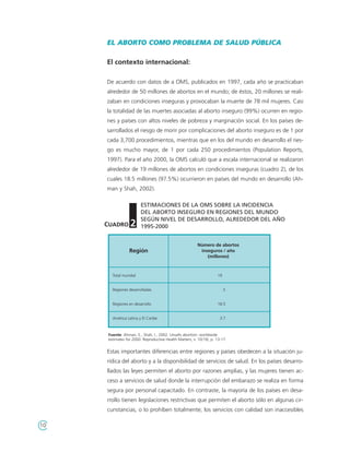 EL ABORTO COMO PROBLEMA DE SALUD PÚBLICA

     El contexto internacional:

     De acuerdo con datos de a OMS, publicados en 1997, cada año se practicaban
     alrededor de 50 millones de abortos en el mundo; de éstos, 20 millones se reali-
     zaban en condiciones inseguras y provocaban la muerte de 78 mil mujeres. Casi
     la totalidad de las muertes asociadas al aborto inseguro (99%) ocurren en regio-
     nes y países con altos niveles de pobreza y marginación social. En los países de-
     sarrollados el riesgo de morir por complicaciones del aborto inseguro es de 1 por
     cada 3,700 procedimientos, mientras que en los del mundo en desarrollo el ries-
     go es mucho mayor, de 1 por cada 250 procedimientos (Population Reports,
     1997). Para el año 2000, la OMS calculó que a escala internacional se realizaron
     alrededor de 19 millones de abortos en condiciones inseguras (cuadro 2), de los
     cuales 18.5 millones (97.5%) ocurrieron en países del mundo en desarrollo (Ah-
     man y Shah, 2002).

                        ESTIMACIONES DE LA OMS SOBRE LA INCIDENCIA
                        DEL ABORTO INSEGURO EN REGIONES DEL MUNDO
                        SEGÚN NIVEL DE DESARROLLO, ALREDEDOR DEL AÑO
     CUADRO 2           1995-2000


                                                          Número de abortos
                  Región                                   inseguros / año
                                                              (millones)



        Total mundial                                                19


        Regiones desarrolladas                                          .5


        Regiones en desarrollo                                       18.5


        América Latina y El Caribe                                     3.7



      Fuente: Ahman, E., Shah, I., 2002. Unsafe abortion: worldwide
      estimates for 2000. Reproductive Health Matters, v. 10(19), p. 13-17.


     Estas importantes diferencias entre regiones y países obedecen a la situación ju-
     rídica del aborto y a la disponibilidad de servicios de salud. En los países desarro-
     llados las leyes permiten el aborto por razones amplias, y las mujeres tienen ac-
     ceso a servicios de salud donde la interrupción del embarazo se realiza en forma
     segura por personal capacitado. En contraste, la mayoría de los países en desa-
     rrollo tienen legislaciones restrictivas que permiten el aborto sólo en algunas cir-
     cunstancias, o lo prohíben totalmente; los servicios con calidad son inaccesibles

10
 