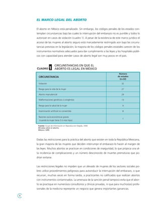 EL MARCO LEGAL DEL ABORTO

    El aborto en México está penalizado. Sin embargo, los códigos penales de los estados con-
    templan circunstancias bajo las cuales la interrupción del embarazo no es punible y todos lo
    autorizan en casos de violación (cuadro 1). A pesar de la existencia de este marco jurídico el
    acceso de las mujeres al aborto seguro está marcadamente restringido aún bajo las circuns-
    tancias previstas en la legislación; la mayoría de los códigos penales estatales carecen de los
    instrumentos normativos adecuados para dar cumplimiento a las leyes y los hospitales públi-
    cos con capacidad para atender casos de aborto legal son muy pocos en el país.


                        CIRCUNSTANCIAS EN QUE EL
    CUADRO 1            ABORTO ES LEGAL EN MÉXICO
                                                                               Número
      CIRCUNSTANCIA                                                           de estados
                                                                                (n=32)

      Violación                                                                   32

      Riesgo para la vida de la mujer                                             27

      Aborto imprudencial                                                         29

      Malformaciones genéticas o congénitas                                       13

      Riesgo para la salud de la mujer                                             9

      Inseminación artificial no consentida                                        8

      Razones socio-económicas graves
                                                                                   1
      (cuando la mujer tiene 3 ó más hijos)

     Fuente: Grupo de Información en Reproducción Elegida, 2000
     Miradas sobre el aborto.
     México: GIRE




    Dadas las restricciones para la práctica del aborto que existen en toda la República Mexicana,
    la gran mayoría de las mujeres que deciden interrumpir el embarazo lo hacen al margen de
    las leyes. Muchos abortos se practican en condiciones de inseguridad, lo que propicia una al-
    ta incidencia de complicaciones y un número desconocido de muertes prematuras que po-
    drían evitarse.


    Las restricciones legales no impiden que un elevado de mujeres de los sectores sociales po-
    bres utilice procedimientos peligrosos para autoinducir la interrupción del embarazo, o que
    recurran, muchas veces en forma tardía, a practicantes no calificados que realizan abortos
    con instrumentos contaminados. La amenaza de la sanción penal tampoco evita que el abor-
    to se practique en numerosos consultorios y clínicas privadas, ni que para muchos(as) profe-
    sionales de la medicina represente un negocio que genera importantes ganancias.

4
 