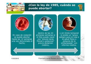 ¿Con la ley de 1985, cuándo se
                 puede abortar?




                           dentro de las 22          y sin límite temporal
 En caso de violación   primeras semanas si           si existe un "grave
  se puede abortar       el feto puede nacer         peligro para la vida o
hasta las 12 semanas      con "graves taras
                                graves                  la salud física o
una vez denunciado el    físicas o psíquicas"            psíquica de la
        hecho;             previo dictamen             embarazada" con
                               médico;                 informe médico.




11/03/2010                Francisco Javier Romero de Julián              23
 