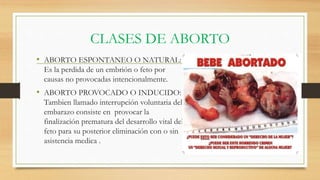 CLASES DE ABORTO
• ABORTO ESPONTANEO O NATURAL:
Es la perdida de un embrión o feto por
causas no provocadas intencionalmente.
• ABORTO PROVOCADO O INDUCIDO:
Tambien llamado interrupción voluntaria del
embarazo consiste en provocar la
finalización prematura del desarrollo vital del
feto para su posterior eliminación con o sin
asistencia medica .
 