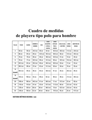 8
Cuadro de medidas
de playera tipo polo para hombre
TALLAS PECHO CADERA
HOMBRO A
HOMBRO
SISA
LARGO
DELANTER
O POR EL
CENTRO
LARGO
ESPALDA
POR EL
CENTRO
CUELLO OJAL
A BOTOÓN
LARGO
MANGA
ABERTURA DE
MANGA
2 59 cm 58 cm 25.5 cm 30 cm 32 cm 35.5 cm 28.5 cm 11.5 cm 24.5 cm
4 66 cm 64 cm 28 cm 32.5 cm 35.5 cm 39.5 cm 30 cm 12.5 cm 26.5 cm
6 70 cm 70 cm 30 cm 36 cm 39.5 cm 43.5 cm 31 cm 14 cm 28 cm
8 78 cm 77 cm 32.5 cm 36 cm 41.5 cm 46 cm 32.5 cm 15.5 cm 30.5 cm
10 82.5 cm 82 cm 35.5 cm 40 cm 46.5 cm 50.5 cm 33 cm 17 cm 33 cm
12 88.5 cm 88 cm 37 cm 42 cm 51.5 cm 56 cm 34 cm 19 cm 35 cm
14
Juvenil
94.5 cm 94 cm 39 cm 45 cm 56.5 cm 61 cm 35 cm 20.5 cm 36 cm
16
Juvenil
102 cm 100 cm 42 cm 48 cm 62 cm 66 cm 36 cm 21.5 cm 38.5 cm
CH 108 cm 106 cm 44.5 cm 51 cm 66.5 cm 71 cm 37.5 cm 22 cm 40 cm
M 118 cm 116 cm 47 cm 53 cm 67.5 cm 71.5 cm 40 cm 22.5 cm 42 cm
G 128 cm 126 cm 50 cm 56 cm 68.5 cm 73 cm 42.5 cm 23.5 cm 45 cm
EX 138 cm 136 cm 52 cm 58 cm 69 cm 74.5 cm 45 cm 25 cm 47.5 cm
SISTEMA MÉTRICO DECIMAL (cm)
 