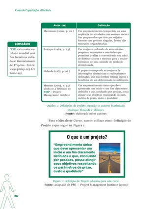 Curso de Capacitação a Distância




                                       Autor (es)                         Definição

                             Maximiano (2002, p. 26 )    Um empreendimento temporário ou uma
                                                         seqüência de atividades com começo, meio e
                                                         fim programados que têm por objetivo
                                                         fornecer um produto singular, dentro das
    GLOSSÁRIO                                            restrições orçamentárias.

*PMI – é a maior en-         Buarque (1984, p. 25)       Um conjunto ordenado de antecedentes,
tidade mundial sem                                       pesquisas, suposições e conclusões que
                                                         permitem avaliar a conveniência (ou não)
fins lucrativos volta-
                                                         de destinar fatores e recursos para o estabe-
da ao Gerenciamento                                      lecimento de uma unidade de produção
de Projetos. Fonte:                                      determinada.
www.pmisp.org.br/                                        O projeto corresponde ao conjunto de
                             Holanda (1975, p. 95 )
home.asp                                                 informações sistemáticas e racionalmente
                                                         ordenadas, que nos permite estimar custos e
                                                         benefícios de um determinado investimento.

                             Menezes (2003, p. 44)       Um empreendimento único que deve
                             alinha-se à definição do    apresentar um início e um fim claramente
                             PMI* – Project              definidos e que, conduzido por pessoas, possa
                             Management Institute        atingir seus objetivos respeitando os parâ-
                                                         metros de prazo, custo e qualidade.


                                Quadro 1: Definições de Projeto segundo os autores Maximiano,
                                                  Buarque, Holanda e Menezes
                                                Fonte: elaborado pelos autores

                                 Para efeito deste Curso, vamos utilizar como definição de
                           Projeto a que segue na Figura 1:



                                                    O que é um projeto?
                                       “Empreendimento único
                                       que deve apresentar um
                                       início e um fim claramente
                                       definidos e que, conduzido
                                       por pessoas, possa atingir
                                       seus objetivos respeitando
                                       os parâmetros de prazo,
                                       custo e qualidade”


                                   Figura 1: Definição de Projeto adotada para este curso
                              Fonte: adaptado de PMI – Project Management Institute (2003)



   26
 