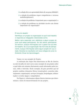 Elaboração de Projetos




         a solução deve ser apresentada dentro de um prazo definido?;

          a solução do problema requer competências e recursos
          multidisciplinares?;

         a solução do problema é importante para a organização?; e

          a solução do problema ou atividade envolve um cliente
          importante da organização?




  É hora do desafio!
  Identifique um projeto na organização na qual você trabalha
  e responda as indagações relacionadas acima.
  Melhor seria responder com referência a algum projeto do
  qual você esteja participando. Se não estiver participando
  de nenhum, busque informações com o gestor de sua área
  de trabalho. Se a sua organização não tiver área de planeja-
  mento, busque informações sobre algum projeto em sua ci-
  dade. Socialize os resultados com seus colegas de curso no
  Ambiente Virtual de Aprendizagem.



     Vamos ver um exemplo de Projeto.
     A realização dos Jogos Pan-Americanos no Rio de Janeiro
no mês de julho de 2007 serve como exemplo de um projeto sobre
o qual todos nós estamos diariamente sendo informados pelos jor-
nais, rádio e televisão. Neste exemplo, dá para perceber que tal
projeto combina elementos físicos (construções), conceitos (pla-
nejamento, organização), serviços (recepção, hospedagem, alimen-
tação) e eventos (jogos e competições).
     Na Figura 2, relacionamos alguns fatores internos que deter-
minam o início do desenvolvimento de um projeto.




                                                                                         29
 