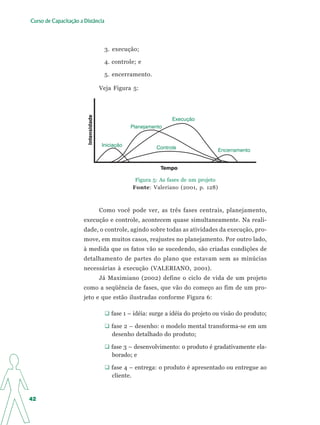 Curso de Capacitação a Distância




                                        3. execução;

                                        4. controle; e

                                        5. encerramento.

                         Intensidade   Veja Figura 5:




                                                                  Execução
                                                   Planejamento


                                       Iniciação            Controle
                                                                                       Encerramento


                                                              Tempo

                                                    Figura 5: As fases de um projeto
                                                   Fonte: Valeriano (2001, p. 128)



                                       Como você pode ver, as três fases centrais, planejamento,
                       execução e controle, acontecem quase simultaneamente. Na reali-
                       dade, o controle, agindo sobre todas as atividades da execução, pro-
                       move, em muitos casos, reajustes no planejamento. Por outro lado,
                       à medida que os fatos vão se sucedendo, são criadas condições de
                       detalhamento de partes do plano que estavam sem as minúcias
                       necessárias à execução (VALERIANO, 2001).
                                       Já Maximiano (2002) define o ciclo de vida de um projeto
                       como a seqüência de fases, que vão do começo ao fim de um pro-
                       jeto e que estão ilustradas conforme Figura 6:

                                           fase 1 – idéia: surge a idéia do projeto ou visão do produto;

                                           fase 2 – desenho: o modelo mental transforma-se em um
                                           desenho detalhado do produto;

                                           fase 3 – desenvolvimento: o produto é gradativamente ela-
                                           borado; e

                                           fase 4 – entrega: o produto é apresentado ou entregue ao
                                           cliente.


42
 