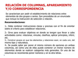 RELACIÓN DE COLUMNAS, APAREAMIENTO
Y/O CORRESPONDENCIA
Se caracterizan por pedir el establecimiento de relaciones entre
elementos de dos grupos o series. Son precedidos de un enunciado
que incluye la instrucción de selección o relación.
Recomendaciones:
1.- Debe contener instrucciones claras y precisas con el fin de orientar
sobre el criterio para establecer relaciones.
2.- Sirve para evaluar objetivos en donde se tengan que llevar a cabo
actividades como: relacionar, vincular, clasificar, aplicar principios, inferir,
etc.
3.- Construir grupos en que los elementos y relaciones sean, en cada uno, del
mismo tipo y naturaleza.
4.- Se puede optar por poner el mismo número de opciones en ambas
columnas, así como una de ellas puede contener un menor número de
elementos donde se realicen categorías más generales. En una de las
columnas se recomienda poner números y en la otra letras.
 