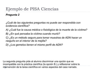 Ejemplo de PISA Ciencias
Pregunta 2
¿Cuál de las siguientes preguntas no puede ser respondida con
evidencia científica?
A) ¿Cuál fue la causa médica o fisiológica de la muerte de la víctima?
B) ¿En qué pensaba la víctima cuando murió?
C) ¿Es un método seguro para tomar muestras de ADN hacer un
rasguño en el interior de la mejilla?
D) ¿Los gemelos tienen el mismo perfil de ADN?
La segunda pregunta pide al alumno discriminar una opción que es
incompatible con la práctica científica (la opción B.) y reflexionar sobre la
intervención de la tarea científica en varios aspectos del caso narrado.
 