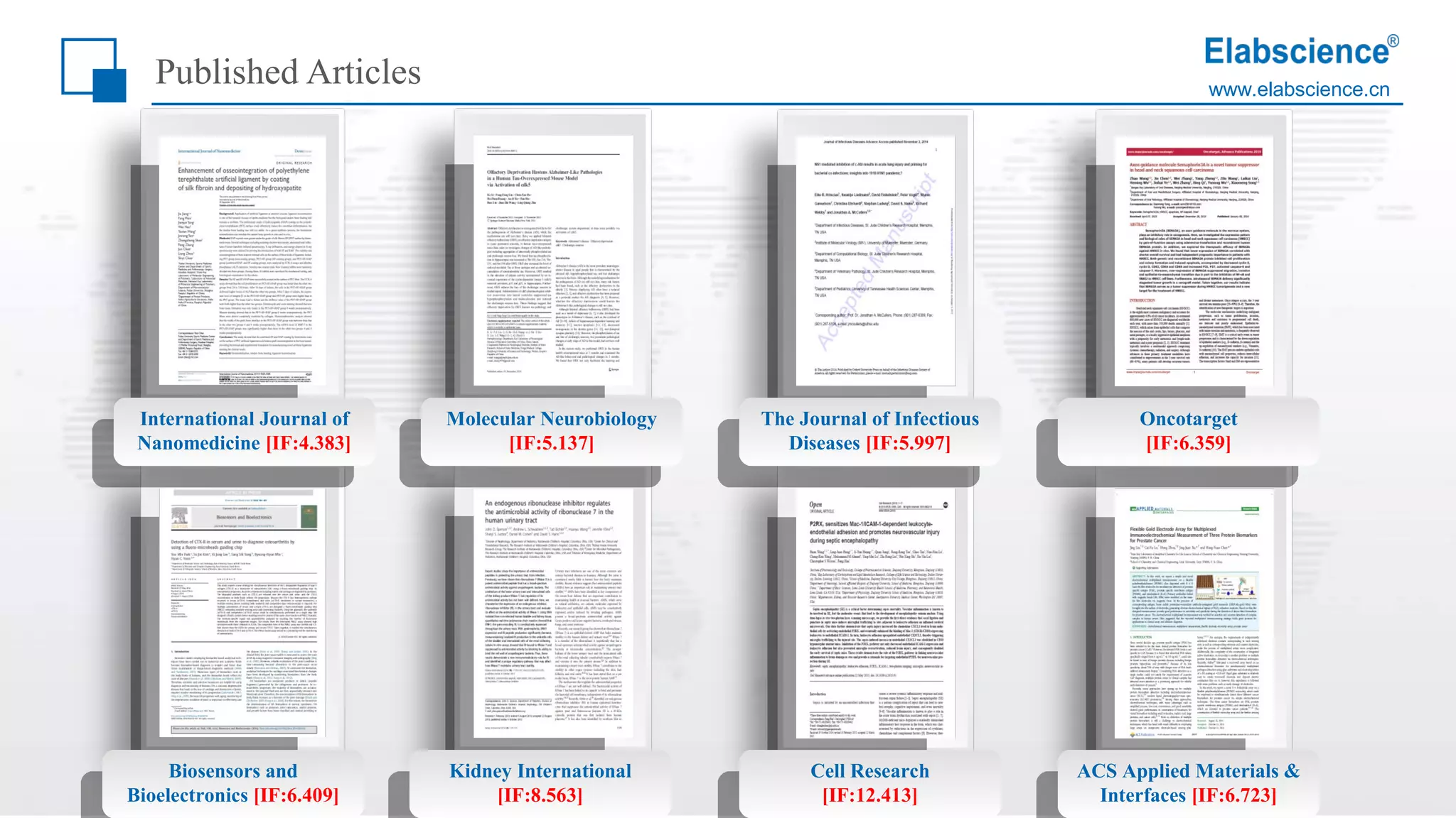 www.elabscience.cn
Published Articles
International Journal of
Nanomedicine [IF:4.383]
Molecular Neurobiology
[IF:5.137]
The Journal of Infectious
Diseases [IF:5.997]
Oncotarget
[IF:6.359]
Biosensors and
Bioelectronics [IF:6.409]
Kidney International
[IF:8.563]
Cell Research
[IF:12.413]
ACS Applied Materials &
Interfaces [IF:6.723]
 