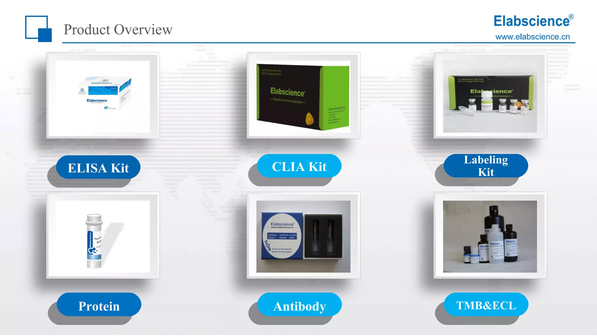 www.elabscience.cn
ELISA Kit
Product Overview
CLIA Kit
Labeling
Kit
AntibodyProtein TMB&ECL
 