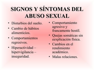 SIGNOS Y SÍNTOMAS DEL ABUSO SEXUAL Disturbios del sueño. Cambio de hábitos alimenticios. Comportamientos regresivos. Hiperactividad – hipervigilancia – inseguridad. Comportamiento agresivo y francamente hostíl. Quejas somáticas sin eexplicación física. Cambios en el rendimiento académico. Malas relaciones. 