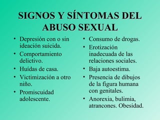 SIGNOS Y SÍNTOMAS DEL ABUSO SEXUAL Depresión con o sin ideación suicida. Comportamiento delictivo. Huídas de casa. Victimización a otro niño. Promiscuidad adolescente. Consumo de drogas. Erotización inadecuada de las relaciones sociales. Baja autoestima. Presencia de dibujos de la figura humana con genitales. Anorexia, bulimia, atrancones. Obesidad. 