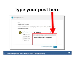  © virtualhelpmanila.com – How to Create A WordPress Blog 39
type your post here
 