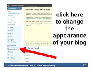  © virtualhelpmanila.com – How to Create A WordPress Blog 59
click here
to change
the
appearance
of your blog
 