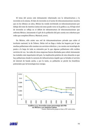 El tema del acceso está íntimamente relacionado con la infraestructura y la
inversión en la misma. El dato de inversión en el sector de telecomunicaciones muestra
que en los últimos 20 años, México ha venido invirtiendo en telecomunicaciones por
debajo del resto de América Latina tal como puede verse en la gráfica 2.15. El bajo nivel
de inversión se refleja en el déficit de infraestructura de telecomunicaciones que
enfrenta México; únicamente el 44% de la población del país cuenta con cobertura por
redes que compiten (Flores y Mariscal, 2010).

   En México, sólo existe una red de telecomunicaciones privada que cubre el
territorio nacional, la de Telmex. Dicha red no llega a todos los hogares por lo que
muchas poblaciones sólo cuentan con servicios colectivos y no cuenta con tecnología de
punta a lo largo de toda su extensión por lo que algunas poblaciones sólo reciben
servicios de voz; las redes de otras empresas fueron diseñadas para cubrir únicamente
las ciudades más importantes del país. La implicación práctica de esta situación es que
hay poblaciones donde la carencia de infraestructura impide que se brinden el servicio
de internet de banda ancha, y por lo tanto, su población se pierde los beneficios
potenciales que tal tecnología trae consigo.




       0.012

        0.01

       0.008

       0.006
                                                                               América Latina

       0.004

       0.002                                                                          México

          0
                2000


                         2001


                                2002


                                       2003


                                                2004


                                                       2005


                                                               2006


                                                                       2007


                                                                               2008


                                                                                       2009




                       Gráfica 2.15. Inversión como porcentaje del PIB
                            en México y en América Latina
                                          Fuente: Elaboración propia en base a ITU varios años.




                                                                                                  24
 