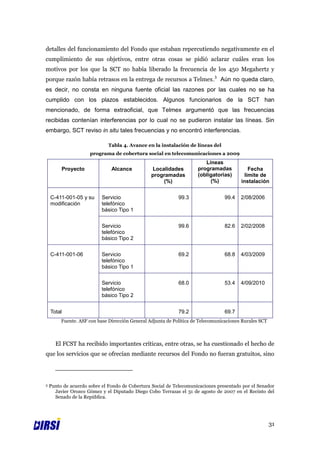detalles del funcionamiento del Fondo que estaban repercutiendo negativamente en el
cumplimiento de sus objetivos, entre otras cosas se pidió aclarar cuáles eran los
motivos por los que la SCT no había liberado la frecuencia de los 450 Megahertz y
porque razón había retrasos en la entrega de recursos a Telmex.3 Aún no queda claro,
es decir, no consta en ninguna fuente oficial las razones por las cuales no se ha
cumplido con los plazos establecidos. Algunos funcionarios de la SCT han
mencionado, de forma extraoficial, que Telmex argumentó que las frecuencias
recibidas contenían interferencias por lo cual no se pudieron instalar las líneas. Sin
embargo, SCT reviso in situ tales frecuencias y no encontró interferencias.

                              Tabla 4. Avance en la instalación de líneas del
                      programa de cobertura social en telecomunicaciones a 2009
                                                                         Líneas
         Proyecto              Alcance           Localidades          programadas            Fecha
                                                 programadas          (obligatorias)       límite de
                                                     (%)                   (%)           instalación


    C-411-001-05 y su      Servicio                          99.3                 99.4   2/08/2006
    modificación           telefónico
                           básico Tipo 1


                           Servicio                          99.6                 82.6   2/02/2008
                           telefónico
                           básico Tipo 2


    C-411-001-06           Servicio                          69.2                 68.8   4/03/2009
                           telefónico
                           básico Tipo 1


                           Servicio                          68.0                 53.4   4/09/2010
                           telefónico
                           básico Tipo 2


    Total                                                    79.2                 69.7
         Fuente. ASF con base Dirección General Adjunta de Política de Telecomunicaciones Rurales SCT



      El FCST ha recibido importantes críticas, entre otras, se ha cuestionado el hecho de
que los servicios que se ofrecían mediante recursos del Fondo no fueran gratuitos, sino




3   Punto de acuerdo sobre el Fondo de Cobertura Social de Telecomunicaciones presentado por el Senador
      Javier Orozco Gómez y el Diputado Diego Cobo Terrazas el 31 de agosto de 2007 en el Recinto del
      Senado de la República.




                                                                                                        31
 