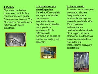 4. Batido El proceso de batido consiste en batir lenta y continuamente la pasta. Este proceso dura de 20 a 30 minutos. Se realiza con batidoras de acero inoxidable 5. Extracción por centrifugación La extracción consiste en separar el aceite de las otras sustancias tanto líquidas como sólidas de la pasta de aceitunas. Por la diferencia de densidad se separa el aceite, del orujo y del alpechín. 6. Almacenado El aceite no se almacena envasado, sino en tanques de acero inoxidable hasta poco antes de su distribución. Para conservar inalteradas las cualidades del aceite de oliva virgen, se debe almacenar en depósitos de acero inoxidable, en oscuridad y a temperaturas suaves y constantes . 