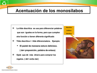 Acentuación de los monosílabos


                                                           Diacrítica
   La tilde diacrítica se usa para diferenciar palabras
                                                           Enfática
    que son iguales en la forma, pero que cumplen
                                                           Dierética

    otra función o tienen diferente significado

   Tilde diacrítica = tilde diferenciadora. Ejemplo:

     El pastel de manzana estuvo delicioso.

       ( de= preposición, palabra de enlace)

   Ojalá que dé más dinero para comprar los

    regalos. ( dé= verbo dar)
 