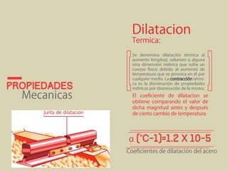 propiedades 
Mecanicas 
Dilatacion 
Termica: 
Se denomina dilatación térmica al 
aumento longitud, volumen o alguna 
otra dimensión métrica que sufre un 
cuerpo físico debido al aumento de 
temperatura que se provoca en él por 
cualquier medio. La contracción térmi-ca 
es la disminución de propiedades 
métricas por disminución de la misma. 
El coeficiente de dilatacion se 
obtiene comparando el valor de 
dicha magnitud antes y después 
de cierto cambio de temperatura 
 (°C-1)=1.2 x 10-5 
Coeficientes de dilatación del acero 
 