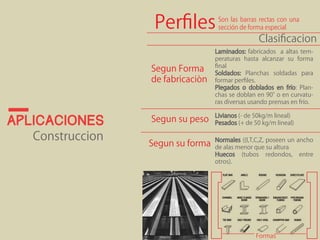 aplicaciones 
Perfiles 
Construccion 
Son las barras rectas con una 
sección de forma especial 
Clasificacion 
Laminados: fabricados a altas tem-peraturas 
hasta alcanzar su forma 
final 
Soldados: Planchas soldadas para 
formar perfiles. 
Plegados o doblados en frío: Plan-chas 
se doblan en 90° o en curvatu-ras 
diversas usando prensas en frío. 
Formas 
Segun Forma 
de fabricaciòn 
Livianos (- de 50kg/m lineal) 
Segun su peso Pesados (+ de 50 kg/m lineal) 
Normales ((I,T,C,Z, poseen un ancho 
de alas menor que su altura 
Huecos (tubos redondos, entre 
otros). 
Segun su forma 
 
