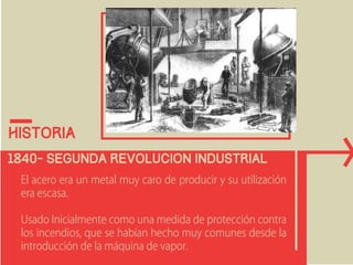 historia 
1840- segunda revolucion industrial 
El acero era un metal muy caro de producir y su utilización 
era escasa. 
Usado Inicialmente como una medida de protección contra 
los incendios, que se habían hecho muy comunes desde la 
introducción de la máquina de vapor. 
 