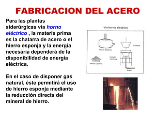 FABRICACION DEL ACERO
Para las plantas
siderúrgicas vía horno
eléctrico , la materia prima
es la chatarra de acero o el
hierro esponja y la energía
necesaria dependerá de la
disponibilidad de energía
eléctrica.
En el caso de disponer gas
natural, éste permitirá el uso
de hierro esponja mediante
la reducción directa del
mineral de hierro.
 