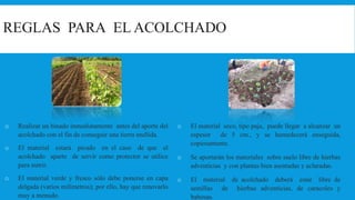 REGLAS PARA EL ACOLCHADO
o Realizar un binado inmediatamente antes del aporte del
acolchado con el fin de conseguir una tierra mullida.
o El material estará picado en el caso de que el
acolchado aparte de servir como protector se utilice
para nutrir.
o El material verde y fresco sólo debe ponerse en capa
delgada (varios milímetros); por ello, hay que renovarlo
muy a menudo.
o El material seco, tipo paja, puede llegar a alcanzar un
espesor de 5 cm., y se humedecerá enseguida,
copiosamente.
o Se aportarán los materiales sobre suelo libre de hierbas
adventicias y con plantas bien asentadas y aclaradas.
o El material de acolchado deberá estar libre de
semillas de hierbas adventicias, de caracoles y
babosas.
 